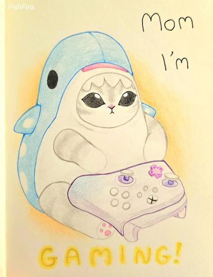 Traditional art done in pencil of a mofusand cat. The cat is wearing a whale shark onesie, with a hole for the face and rounded teeth at the top. It also has big black eyes and a cute pink nose. The fur is light grey with dark grey markings and white ends. In front of the cat lies a purple/blue controller. The background is a yellowish/orange gradient with a text reading (from top to bottom) - Mom I'm (in black) GAMING! (in glowing yellow pencil outline, with sparkly yellow in the middle)
