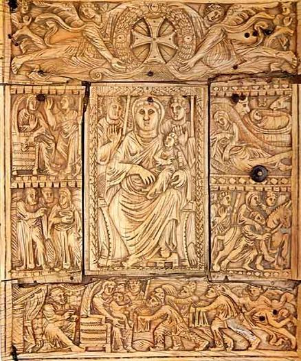 Carved ivory binding, front cover in five sections of Echmiadzin Gospel, Virgin and Child with scenes from her life, 6th century.
https://en.wikipedia.org/wiki/Matenadaran#/media/File:Echgospfrontcov.jpeg