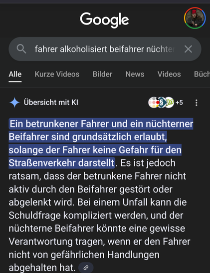 KI Zusammenfassung: "ein betrunkener Fahrer und ein nüchterner Beifahrer sind grundsätzlich erlaubt solange (..) der betrunkene Fahrer nicht aktiv durch den Beifahrer gestört wird"
