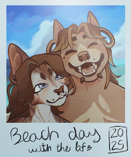 A drawing of two boyfriends, and anthropomorfic cat and a dog who have taken a polaroid picture at the beach, they look happy!