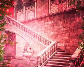 An all pink staircase and everything is different versions of pink in this regal elegant house 
