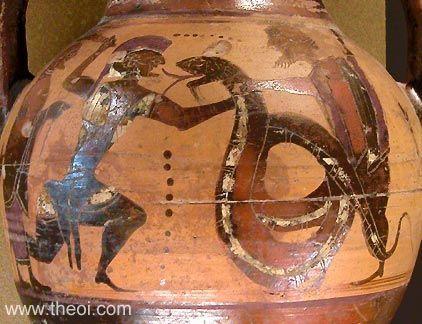 Black-figure vase painting of Cadmus battling the serpentine dragon of the sacred Ismenian spring. The hero is armoured and wields a sword. The god Ares stands behind the beast.