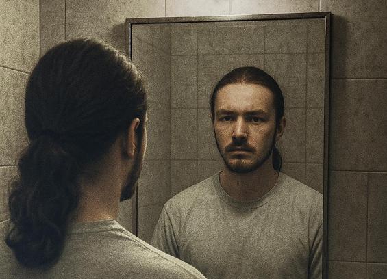 A man with a pony tail and a moustache stands in front of a mirror, he has a stern expression. It's grainy and a bit dystopian.