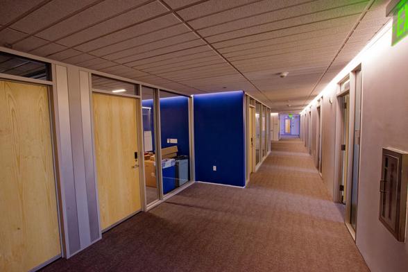 A Hallweigh with beige carpet and a white dropped ceiling with numerous dark lines,  on the right find a white wall punctuated twith doors,  on the left you can get a good look of two doors with windows into an office and then the corridors narrows with a blue segment of walls and then more doors and windows continue until at the far end of the hallway there is a light blue wall.