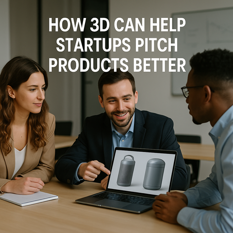 A man is pitching a product design to two potential investors using a 3D model displayed on a laptop.