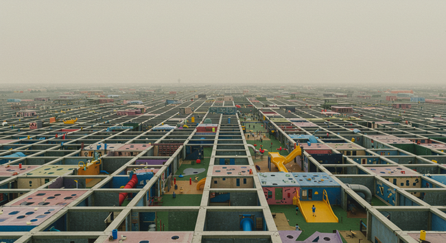 The Playground, an image made with AI of an infinite city in a post AI world made up of nothing but isolated playgrounds in the spirit of the sort of things that appeared in Silicon Valley offices in the late 1990s and 2000s. My intent is to interrogate (you may prefer the word critique) AI futures with the tools that already existing AI gives and, of course the tradition of Radical Architecture. 