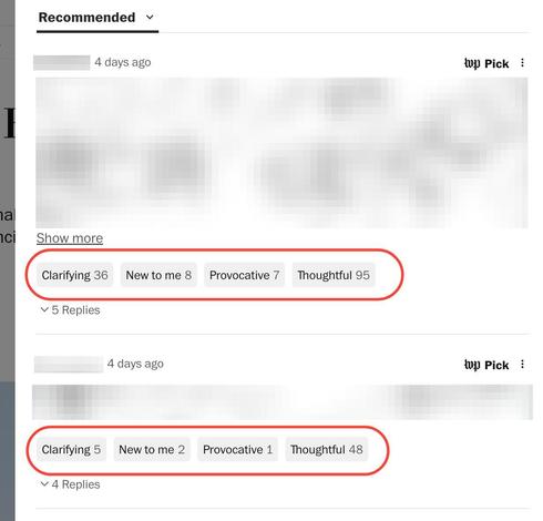 Screenshot of comments of a news article, showing reaction tags such as "Clarifying," "New to me," "Provocative," and "Thoughtful" with corresponding numbers of reactions.