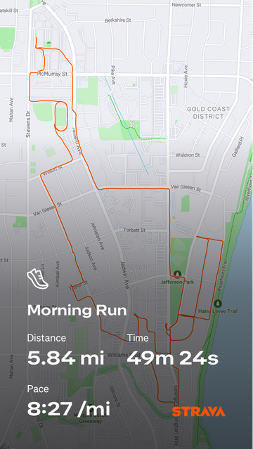 A map showing a 5.84 mile run in 49:24