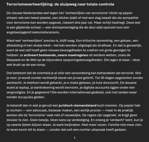 Terrorismeverheerlijking: de sluipweg naar totale controle - Deel 1