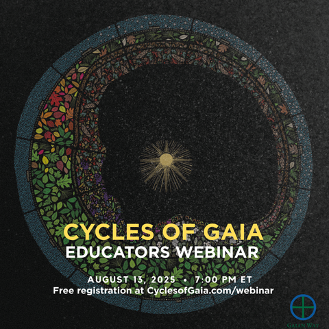 A circular tile art mosaic with floral and solar motifs against a dark background. Text in the foreground reads, "Cycles of Gaia, Educators Webinar, August 13 2025, 7:00 PM ET, Free registration at cyclesofgaia.com/webinar"