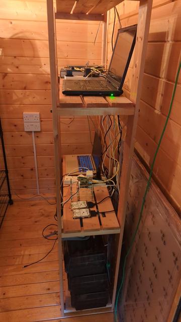 Wooden rack for two laptops running as servers and a couple of Raspberry Ps