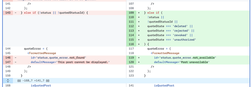 Code diff showing an update to a conditional statement and error message in JavaScript, changing from checking status and quotedStatusId to also checking quoteState values, and updating the error ID and message text.