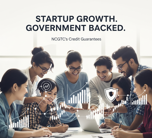 A diverse group of young Indian entrepreneurs happily brainstorming around a laptop, symbolizing collaboration and innovation. Overlay graphics show charts and shield icons, highlighting financial growth and security.