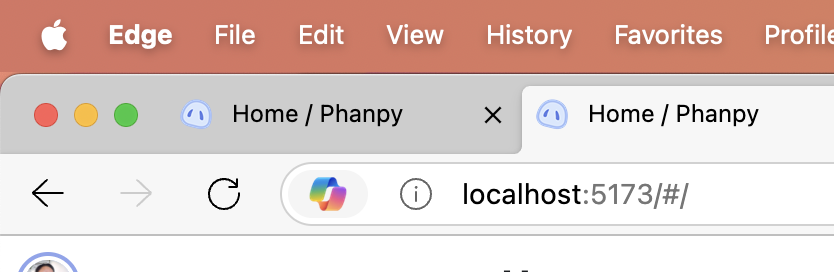 Screenshot of the Edge web browser window on a Mac showing two open tabs, both titled "Home / Phanpy,". The Copilot button is shown in the location bar.