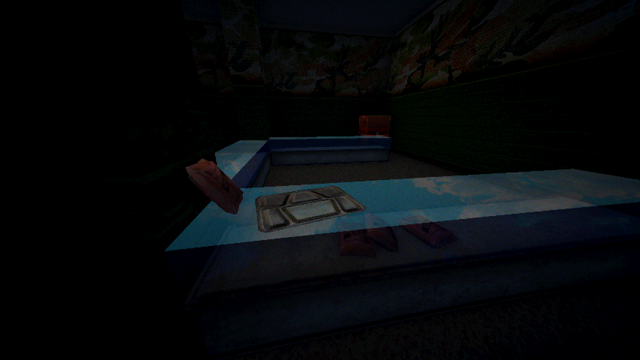 Screenshot from Hypnagogia: Boundless Dreams. It shows a cafeteria tray with an American meal ready to eat (MRE) next to it, and some more MREs are displayed in the glass case the tray is sitting on.