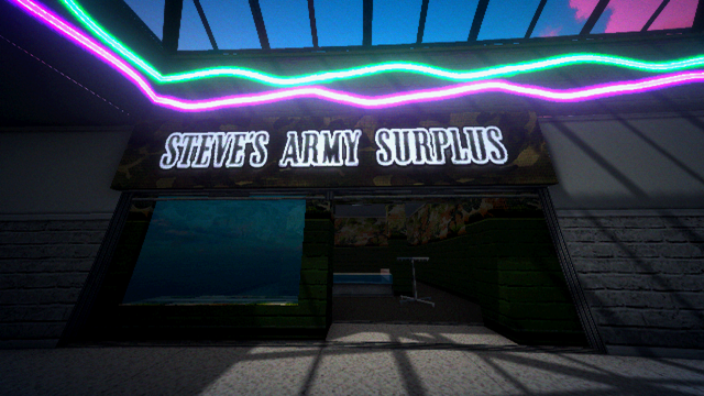 Screenshot from Hypnagogia: Boundless Dreams. It shows a storefront with a neon-style sign lit in white which says "Steve's Army Surplus".