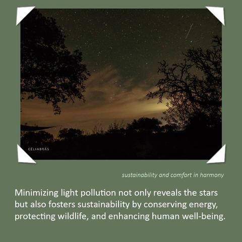 The dark, star-filled night sky of Bubulcus & Bolotas with silhouetted trees in the foreground. Wisps of clouds drift across the sky, and a meteor streaks faintly above. The glow of distant light pollution softly illuminates the horizon. A caption below reads: “Minimizing light pollution not only reveals the stars but also fosters sustainability by conserving energy, protecting wildlife, and enhancing human well-being.” Styled like a photo pinned at the corners, the image promotes harmony between sustainability and comfort.