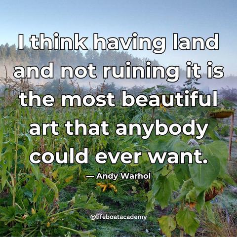A social post from @lifeboatacademy which says: "I think having land and not ruining it is the most beautiful art that anybody could ever want." — Andy Warhol 