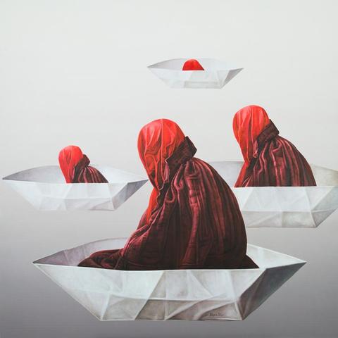 a painting, it is figures with red fabrics draped over them, they are in folded paper boats . the figures are sinking into the boats at different levels, against a light grey background 