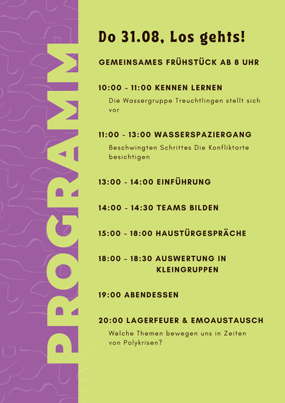 Donnerstag, 31. Juli
11:00 – 13:00 Uhr
Treffpunkt: Lambertuskirche, Heinrich-Aurnhammer-Straße, Treuchtlingen
Wasserspaziergang – beschwingten Schrittes die Orte des Konflikts besichtigen