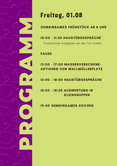
Freitag, 1. August
13:00 – 17:00 Uhr
Wallmüllerplatz, Treuchtlingen
Verschenke-Aktion: Das von ALDI abgefüllte Wasser wird von der Wassergruppe zurückgekauft – und kostenlos an Bürger:innen verteilt.
 Begleitet wird die Aktion von Gesprächen, Material zur Petition und Mitmachmöglichkeiten.