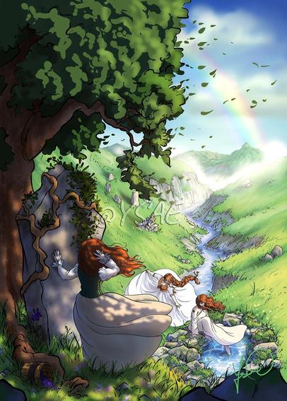 Dessin numérique représentant trois femmes rousses dans un décor de montagnes ensoleillées. La première, la main posée sur une pierre dressée, regarde l'horizon. Une autre trempe son pied dans une fontaine sacrée et la troisième danse.