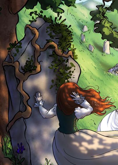 Dessin numérique qui montre en gros plan la jeune femme rousse de dos qui regarde l'horizon en tenant ses cheveux au vent d'une main et en appuyant son autre main sur une pierre dressée.
