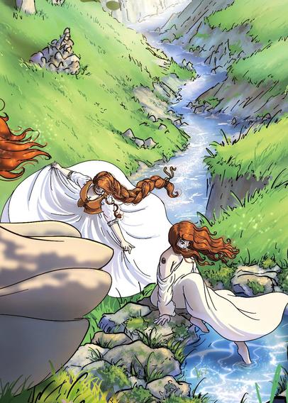 Dessin numérique qui montre en gros plan la jeune femme rouge qui trempe son pied dans une fontaine sacrée et sa sœur qui danse en faisant tournoyer sa robe.