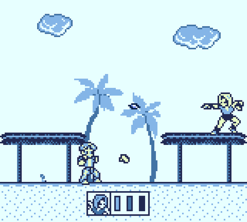 Screenshot from the Game Boy game Maki Makulo. Maki is talking to his friend Neptuna in her house, asking her what happened earlier.