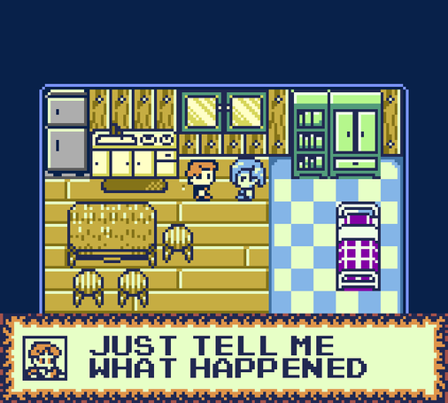 Screenshot from the Game Boy game Maki Makulo. Maki is fighting the boss Neptuna; she is throwing deadly ice spikes at him.