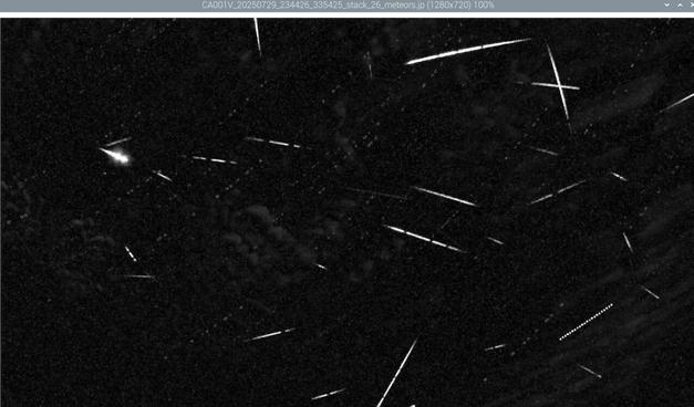 Black background with many short white streaks going in various directions. There is one particularly short and bright streak with an "outburst" along the streak. Image represents all meteors detected/captured and then "stacked" into one image.