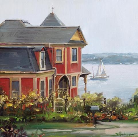 Art print of an original oil painting depicting a large red house overlooking a bay with sailboats gliding by.
