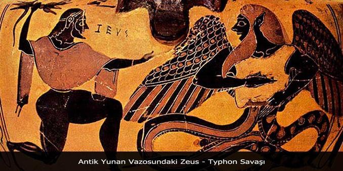 Black-figure vase painting depicting Zeus' battle with the winged, serpent-footed, animal-eared giant Typhoeus. Zeus, armed with a lightning bolt, attacks Typhoeus.