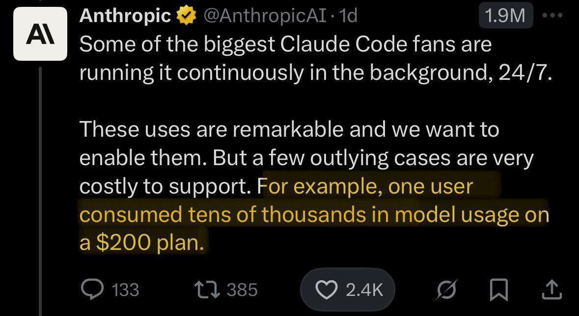 The X post by Anthropic (@AnthropicAI) reads: Some of the biggest Claude Code fans are running it continuously in the background, 24/7. These uses are remarkable and we want to enable them. But a few outlying cases are very costly to support. For example, one user consumed tens of thousands in model usage on a $200 plan