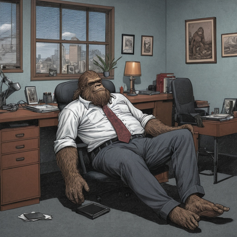 Model: RealVisXL V4.0
(gothic style dark comic book illustration, full color, thick ) sasquatch wearing a dress shirt and pants, taking a nap in an office