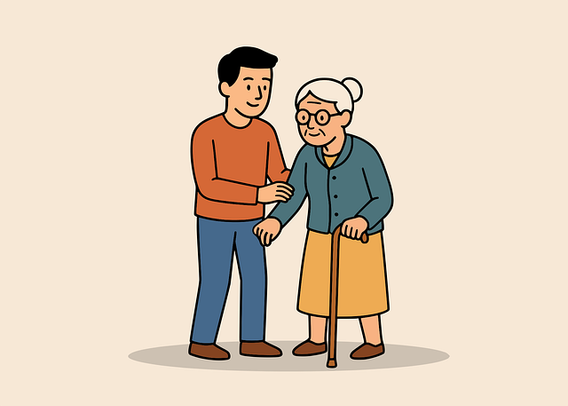 A drawing of a caregiver and a caregivee with a beige background.