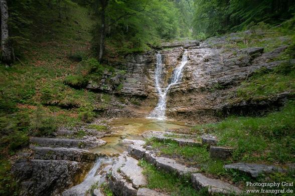 A serene and picturesque scene of a waterfall in a lush green forest. The waterfall cascades down a rocky cliff, surrounded by vibrant green trees and moss-covered rocks. The water flows into a clear stream, creating a soothing sound that blends harmoniously with the sounds of nature. Stone steps lead up through the grassy terrain, offering a path for hikers to explore this beautiful natural landscape. The colors of the scene are dominated by shades of green and grey, creating a tranquil and pe…
