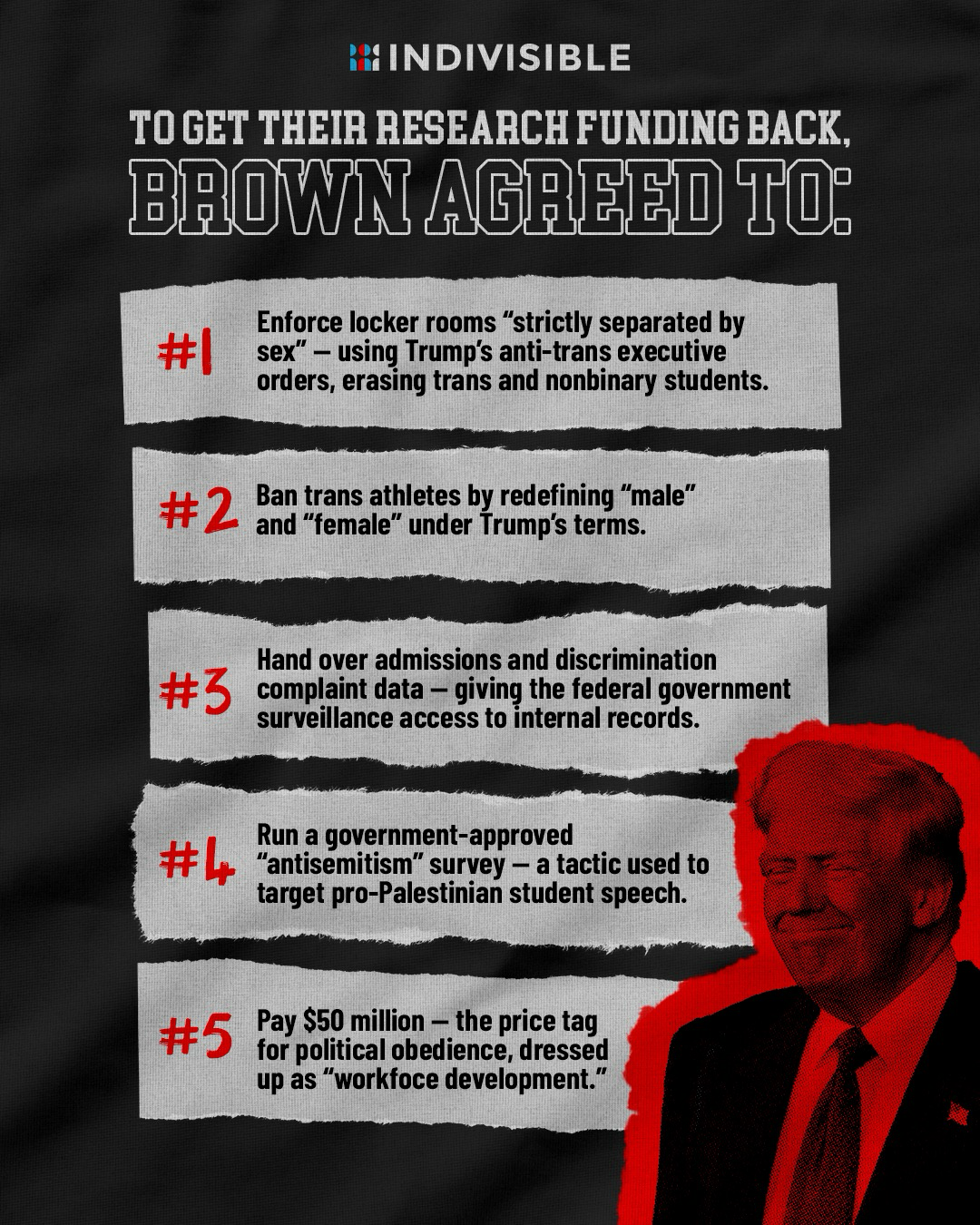 (next to an image of Trump) TO GET THEIR RESEARCH FUNDING BACK, BROWN AGREED TO:  #1 Enforce locker rooms "strictly separated by sex" - using Trump's anti-trans executive orders, erasing trans and nonbinary students.  #2 Ban trans athletes by redefining "male" and "female" under Trump's terms.  #3 Hand over admissions and discrimination complaint data - giving the federal government surveillance access to internal records.  #4 Run a government-approved "antisemitism" survey - a tactic used to target pro-Palestinian student speech.  #5 Pay $50 million - the price tag for political obedience, dressed up as "workfoce development."