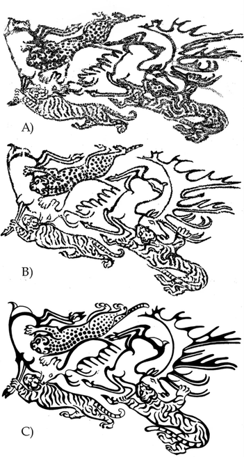 a stylized motif of 2 tigers and a leopard taking down 2 elks
