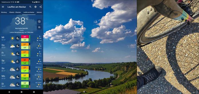 Collage eines heißen Sommertages - Bildschirmfoto der Wetter-App, Bild des Krappenfelsen bei Lauffen, Rad des Fahrrads