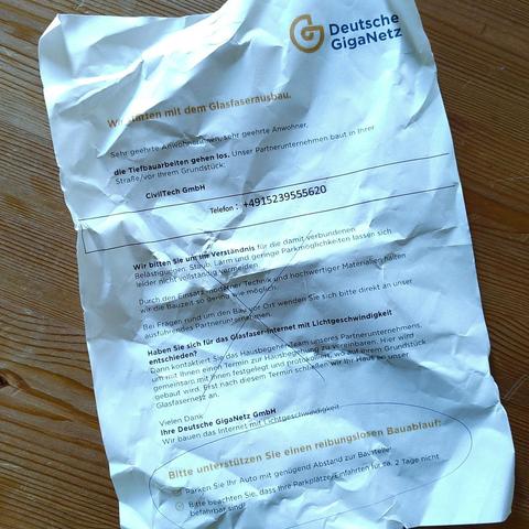 Ein Brief der Deutschen GigaNetz über erneute Bauarbeiten