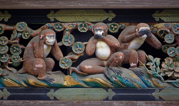 Carving of the 3 Wise Monkeys at Nikko Toshogu shrine.