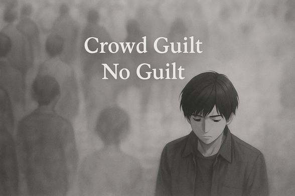 A grayscale anime-style illustration of a dense urban crowd walking away from the viewer. Most figures are blurred or fading at the edges, as if dissolving into fog. In the center, one person stands still, facing the viewer, clearly outlined in soft light. The mood is somber, reflective, and quiet.