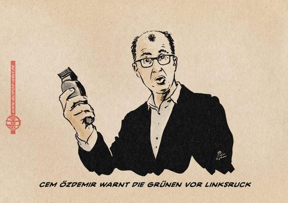 Illustration von Cem Özdemir, der sich mit einem Rasierer eine Friedrich Merz-Stirnpüschelfrisur rasiert hat. Textzeile: Cem Özdemir warnt die Grünen vor Linksruck.