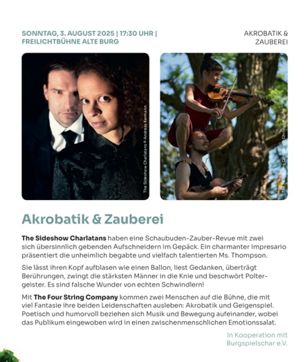 Zu sehen ist ein Screenshot der Webseite Sommerbrücke Friedrichsdorf mit der Ankündigung: Akrobatik und Zauberei mit The Four String Company und den Sideshow Charlatans.