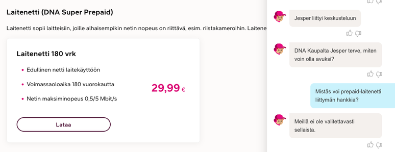 Ruutukaappaus verkkosivusta, jossa oikeassa reunassa on chat-ikkuna. 
Asiakas: Mistäs voi prepaid-laitenetti liittymän hankkia?
Aspa:  Meillä ei ole valitettavasti sellaista.
Verkkosivulla näkyy "Laitenetti (DNA Super Prepaid)" hinta- ja muine tietoineen.