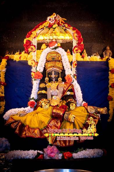 Idol of Hindu deity Krishna as Lakshmee (feminine) wearing a yellow saree (with red border) seated on her right hip with both legs folded left (as one might on a chaise), in a playful posture as if expressing emotions of love (for Krishna). She wears gold shoes, gold palm coverings, gold crown, lots of gold ornaments including two broad medallions. The saree is pleated and broadly covers the entire seat showing off the red saree border. A string of white flowers (some red roses between) go from the seat on Lakshmi's right, over her right shoulder and the crown and comes down likewise on her left down to the seat. Another string of white flowers plus a pink lotus flowers at her feet. A shiny gold umbrella over her head. A string of red roses over the umbrella. Blue cloth background. a string of yellow flowers along the border and down at each edge of the background.