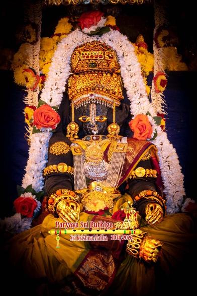 Closeup of an idol of Hindu deity Krishna dressed as Lakshmee (feminine) wearing a yellow seated with right leg folded at the knee and placed almost horizontally. She wears gold shoes, gold palm coverings, gold crown, lots of gold ornaments including two broad medallions. A string of white flowers (some red roses between) go from the seat on Lakshmi's right, over her right shoulder and the crown and comes down likewise on her left down to the seat.