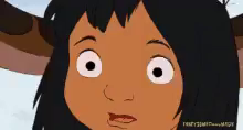 Mogli mit Kringeln in den Augen, gerade hypnotisiert von Kaa