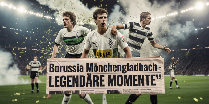 A photograph depicting a dynamic collage of three iconic Borussia Mönchengladbach football moments. The central focus is a blurred composite of a 1970s final, a smoky 1980s match filled with tear gas, and a tense penalty shootout, each showcasing players in vintage Borussia Mönchengladbach kits. In the foreground, a faded newspaper headline reads "„Borussia Mönchengladbach – Legendäre Momente“" partially obscured by swirling smoke and scattered confetti. The overall scene is bathed in a grainy,…